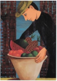 Mand med hat og høj frugtskål. Caroline Krabbe